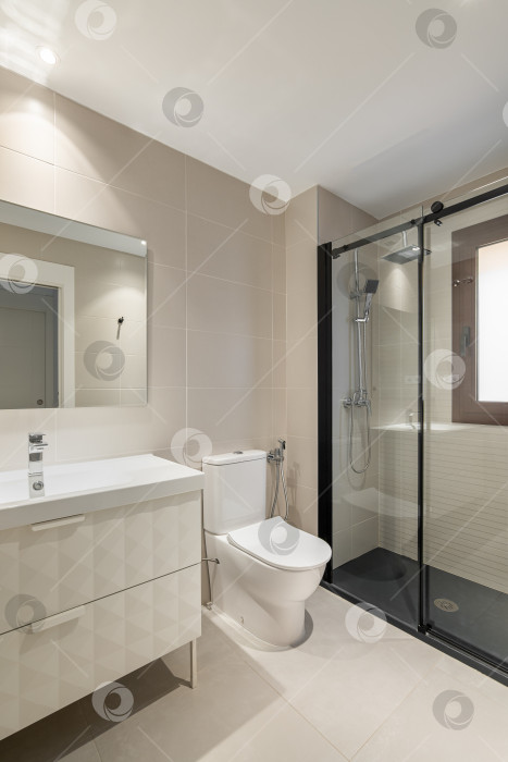 Скачать Современная пустая ванная комната с бежевой плиткой, мебелью и прямоугольным зеркалом фотосток Ozero
