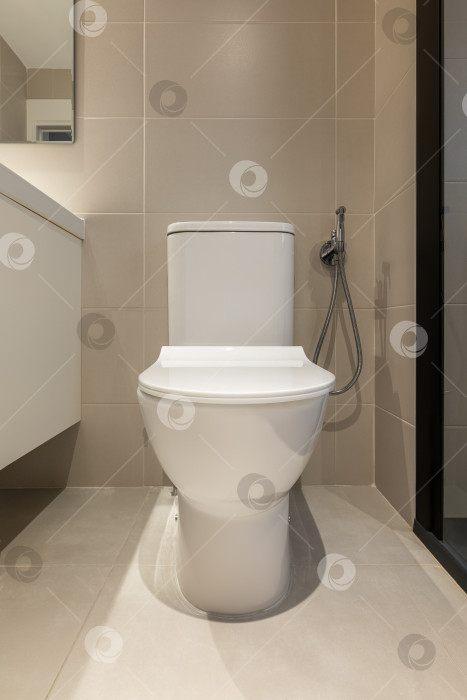 Скачать Вид спереди на белый унитаз в современной ванной комнате. Сантехническое оборудование для дома фотосток Ozero