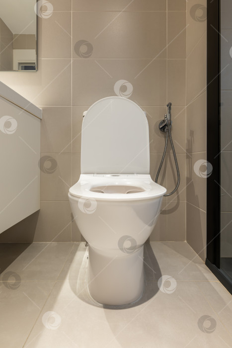 Скачать Вид спереди на белый унитаз с открытой крышкой в современной ванной комнате. Сантехническое оборудование для дома фотосток Ozero