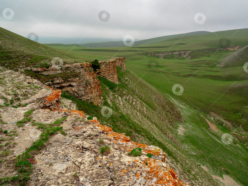 Скачать Крутые горные склоны покрывала зеленая растительность. Зеленая планета. Туманный и дождливый природный фон с зелеными горами. фотосток Ozero