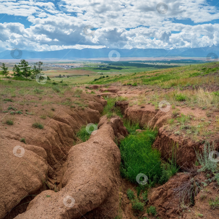 Скачать Эрозия почвы, вдалеке глубокий овраг. фотосток Ozero