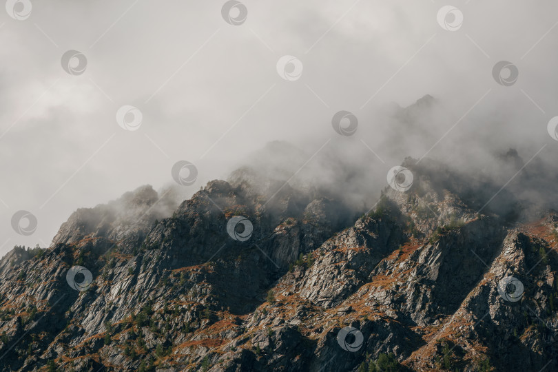 Скачать Драматический туман среди гигантских скалистых гор. Призрачный атмосферный вид на большой утес в облачном небе. Низкие облака и красивые скалистые горы. Минималистичный пейзаж таинственного места. фотосток Ozero