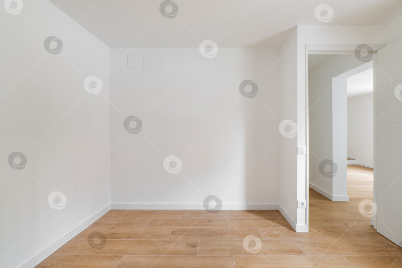 Скачать Пустая комната с ламинатным полом и недавно покрашенными в белый цвет стенами в отремонтированной квартире с коридором, ведущим в другие комнаты. Концепция ремонта и строительства. фотосток Ozero