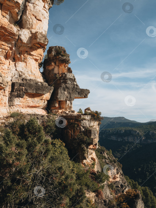 Скачать Скалистые стены в красноватых тонах и сосновый лес в горах Сиурана, Таррагона, Испания. фотосток Ozero
