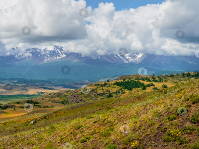 Скачать Атмосферный летний горный пейзаж. Драматический пейзаж с большими горами в легком тумане под белыми облаками. Алтайские горы. фотосток Ozero