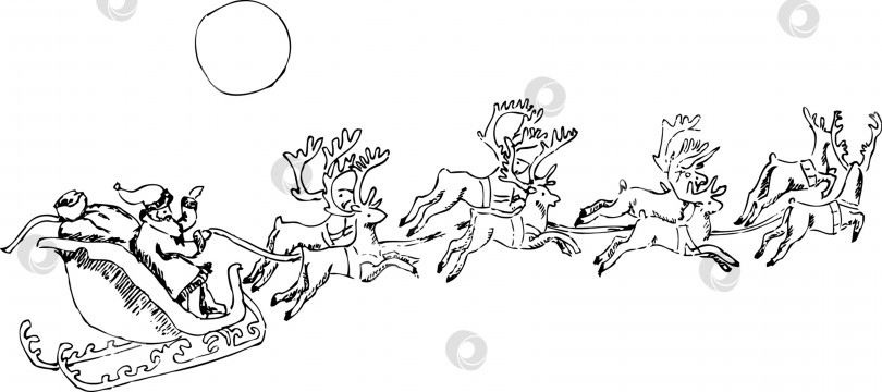Скачать Санта-Клаус с мешком подарков в санях летит по небу вместе с северными оленями. Рисунок карандашом от руки фотосток Ozero