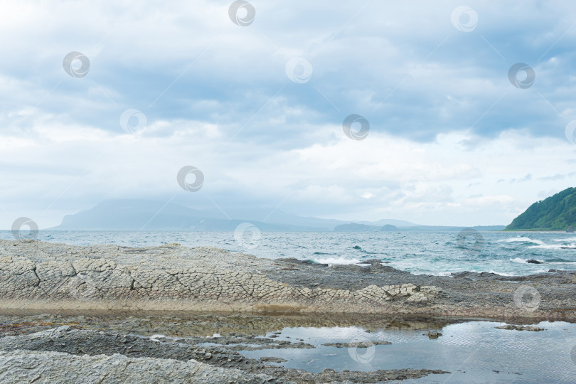 Скачать скалистый берег моря из столбчатого гранита, застывшей лавы, напоминающей чешую или булыжную мостовую, побережье острова Кунашир фотосток Ozero