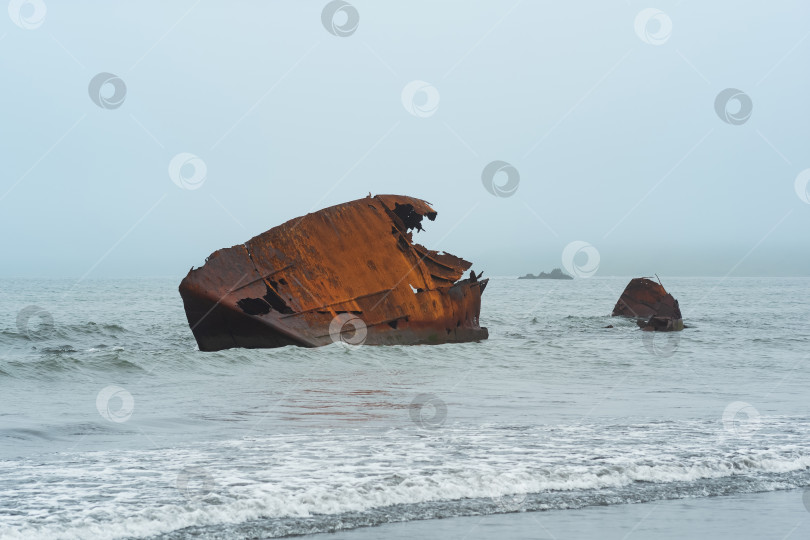 Скачать старое кораблекрушение, обломки корабля, выброшенные на берег на фоне туманного морского пейзажа фотосток Ozero