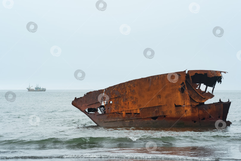 Скачать ржавое кораблекрушение на фоне туманного морского пейзажа с кораблем вдалеке фотосток Ozero