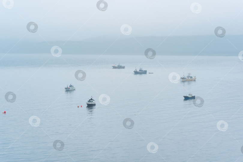 Скачать рыбацкие лодки в море на фоне далекого туманного побережья фотосток Ozero