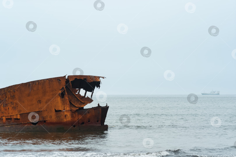 Скачать ржавое кораблекрушение на фоне туманного морского пейзажа с кораблем вдалеке фотосток Ozero