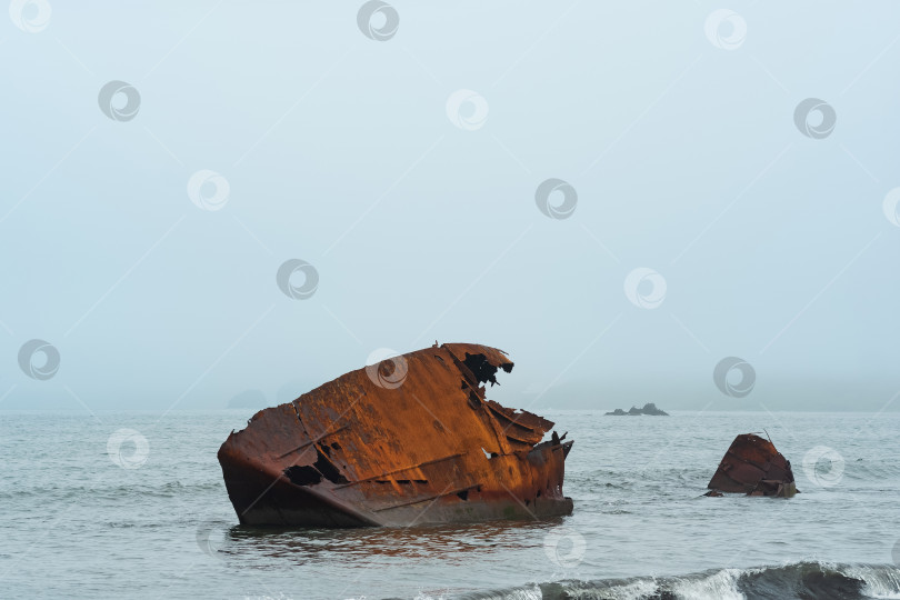 Скачать ржавое кораблекрушение, останки корабля, выброшенные на берег на фоне туманного морского пейзажа фотосток Ozero