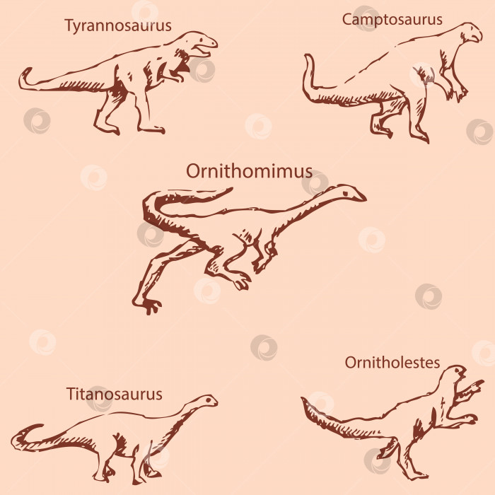 Скачать Динозавры с именами. Карандашный набросок от руки. Винтажные цвета. Вектор фотосток Ozero