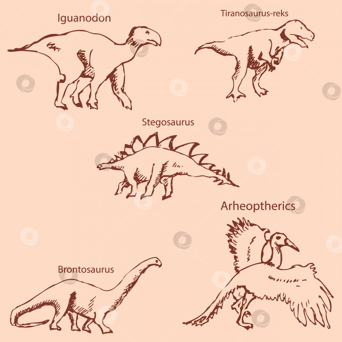 Скачать Динозавры с именами. Карандашный набросок от руки. Винтажные цвета. Вектор фотосток Ozero