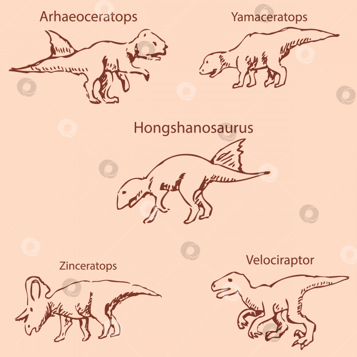 Скачать Динозавры с именами. Карандашный набросок от руки. Винтажные цвета. Вектор фотосток Ozero