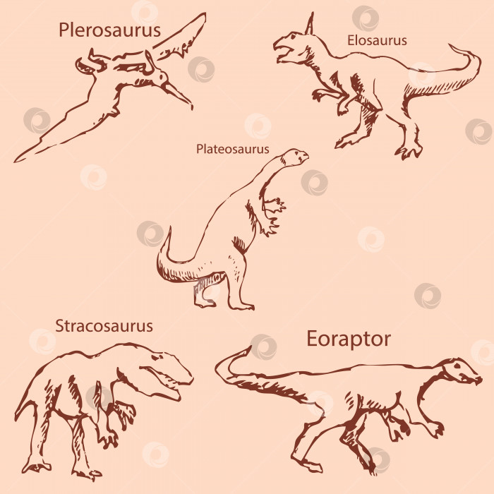 Скачать Динозавры с именами. Карандашный набросок от руки. Винтажные цвета. Вектор фотосток Ozero