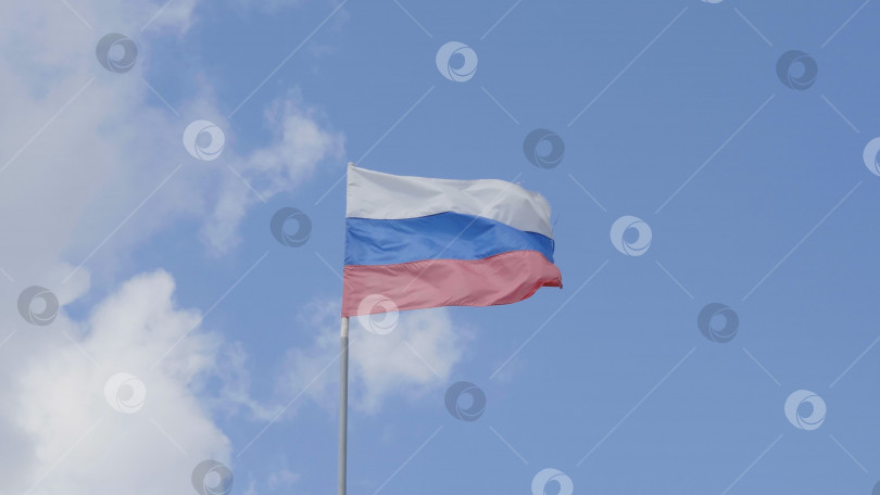 Скачать Российский флаг на флагштоке развевается на ветру на фоне голубого неба с облаками фотосток Ozero