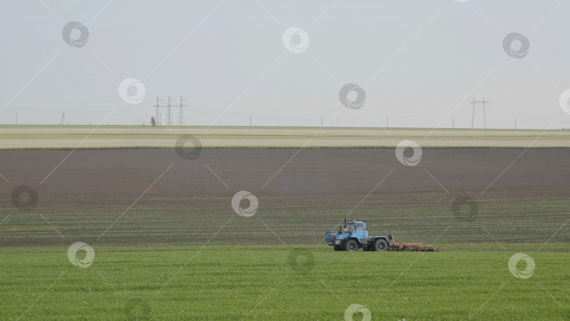 Скачать Синий колесный трактор вспахивает зеленое поле фотосток Ozero