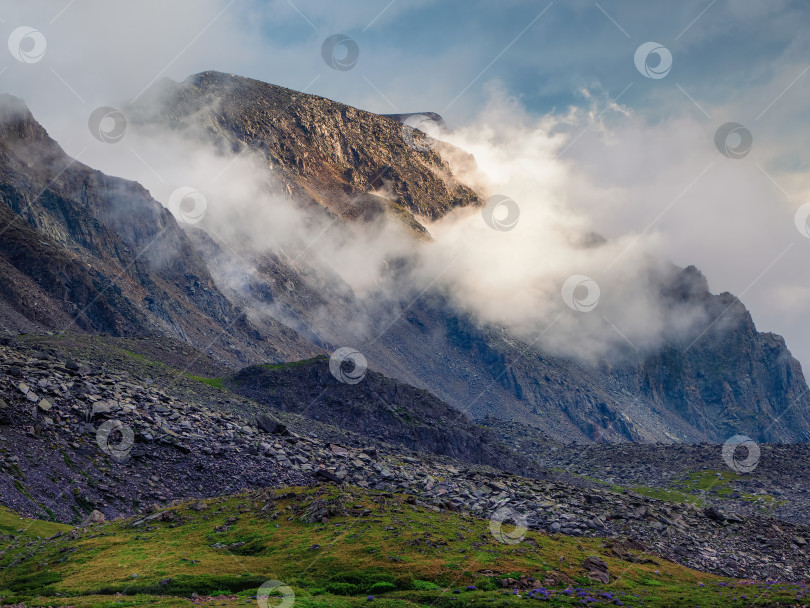 Скачать Чудесный минималистский пейзаж с большими горными вершинами над низкими облаками, туманом над горными склонами вдалеке, белыми облаками, заполняющими горное ущелье. Солнечный свет на склоне горы. фотосток Ozero