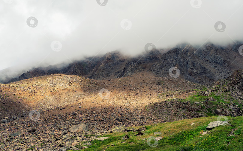 Скачать Панорамный чудесный минималистский пейзаж с большими горными вершинами над низкими облаками, туманом над горными склонами вдалеке, белыми облаками, заполняющими горное ущелье. Солнечный свет на склоне горы. фотосток Ozero