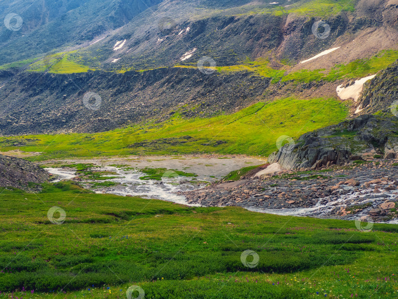 Скачать Потрясающий альпийский вид на горную долину с рекой в солнечном свете и великолепными силуэтами гор на горизонте. Красочный зеленый пейзаж с силуэтами больших скалистых гор и эпическим глубоким ущельем. фотосток Ozero