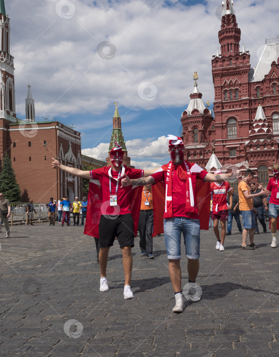 Скачать МОСКВА - 26 июня 2018 г.: Фанатики Чемпионата мира по футболу из Дании с флагами в своих типичных костюмах на улицах 26 июня 2018 г. в Москве, Россия фотосток Ozero