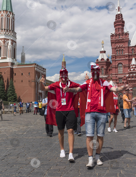 Скачать МОСКВА - 26 июня 2018 г.: Фанатики Чемпионата мира по футболу из Дании с флагами в своих типичных костюмах на улицах 26 июня 2018 г. в Москве, Россия фотосток Ozero