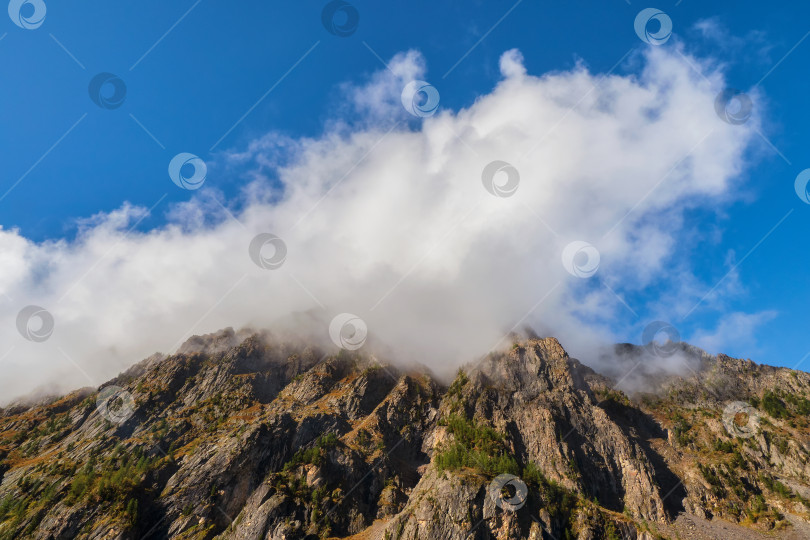 Скачать Большое белое облако, похожее на шапку, опустилось на горную вершину. Высотный пейзаж с большими белыми облаками над горами. фотосток Ozero