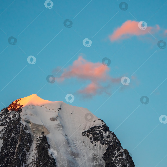 Скачать Вершина черных скал в лучах вечернего золотого солнца и белоснежный остроконечный пик. Атмосферный пейзаж с высокой заснеженной горой с остроконечной вершиной под перистыми облаками в небе. Вид на площадь. фотосток Ozero