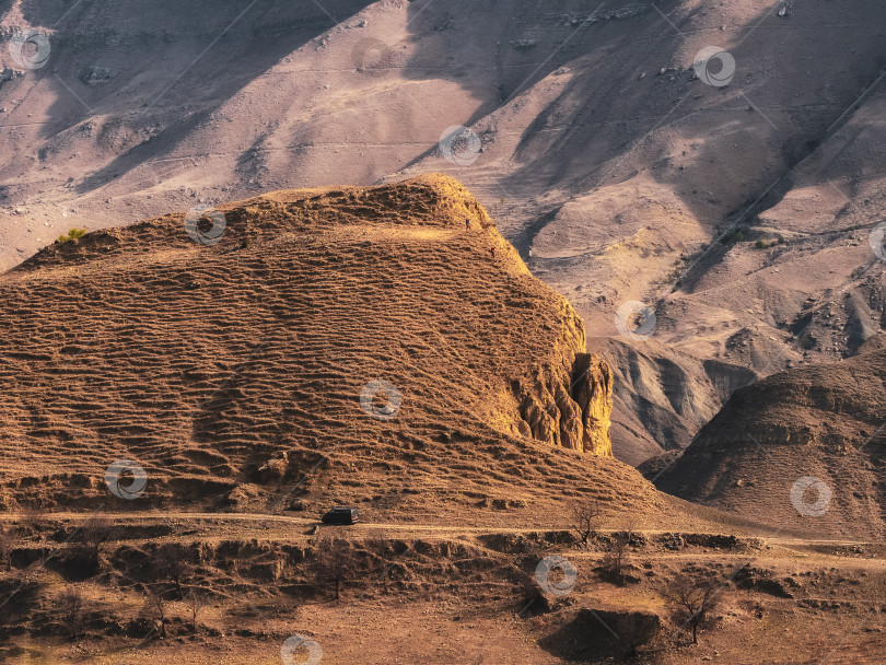Скачать Путешествуйте по песчаным горам. Пейзаж с песчаными холмами красных дюн и сухими деревьями в районе Дагестана. Дагестанский пейзаж с большой песчаной дюной и туристическим автобусом вдалеке. фотосток Ozero