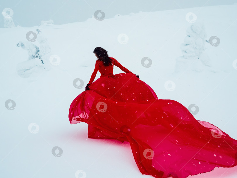 Скачать Молодая красивая женщина в длинном красном платье на фоне зимнего холма и снегопада. Сказочная девочка на фоне полярного зимнего пейзажа. Вид со спины. фотосток Ozero