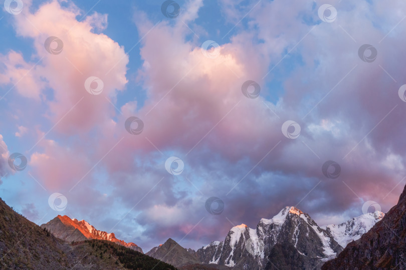 Скачать Скалистая гора в рассветном облачном небе. Атмосферный минималистичный горный пейзаж с сиреневым рассветным небом. Живописный минималистский пейзаж с пурпурным закатом в горах. фотосток Ozero