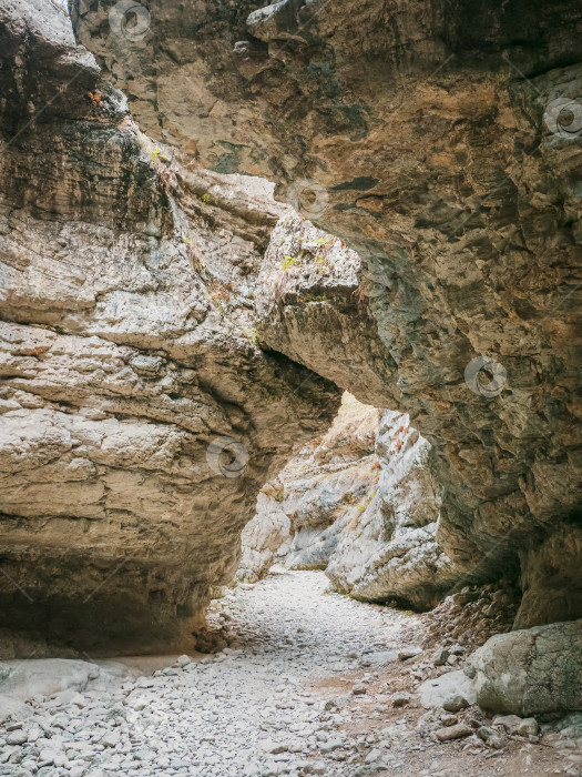 Скачать Интересные скалы, образующие узкий проход в Салтинском ущелье. Уникальный природный заповедник в Дагестане. Ущелье в горном ландшафте России. фотосток Ozero