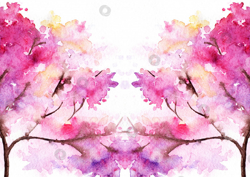 Скачать Акварель розовая вишня цветок сакуры цветочное дерево романтическая рамка бордюр иллюстрация зеркальное отражение фон фотосток Ozero