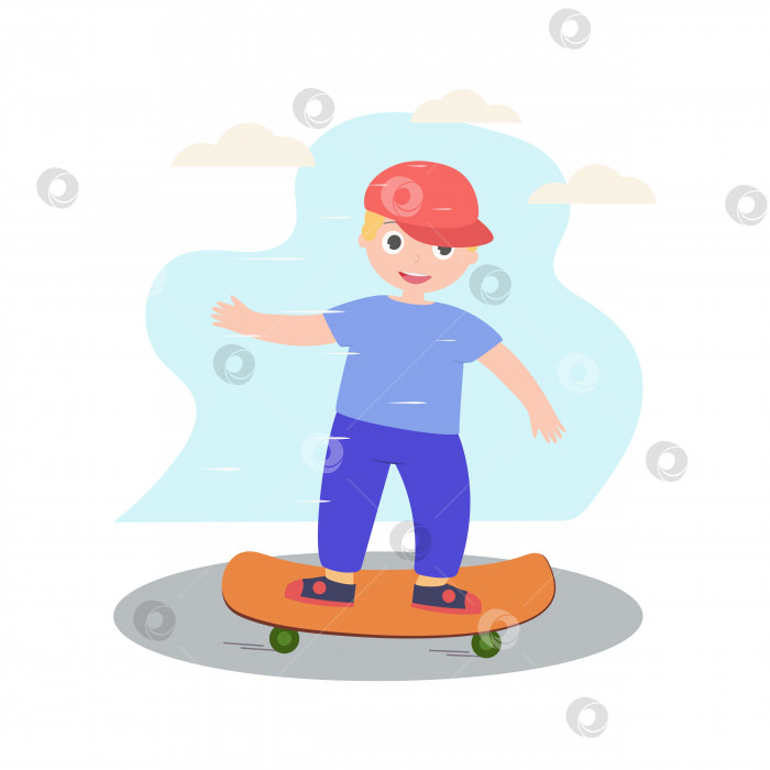 Скачать Мальчик в красной шапочке катается на скейтборде. Иллюстрация. фотосток Ozero