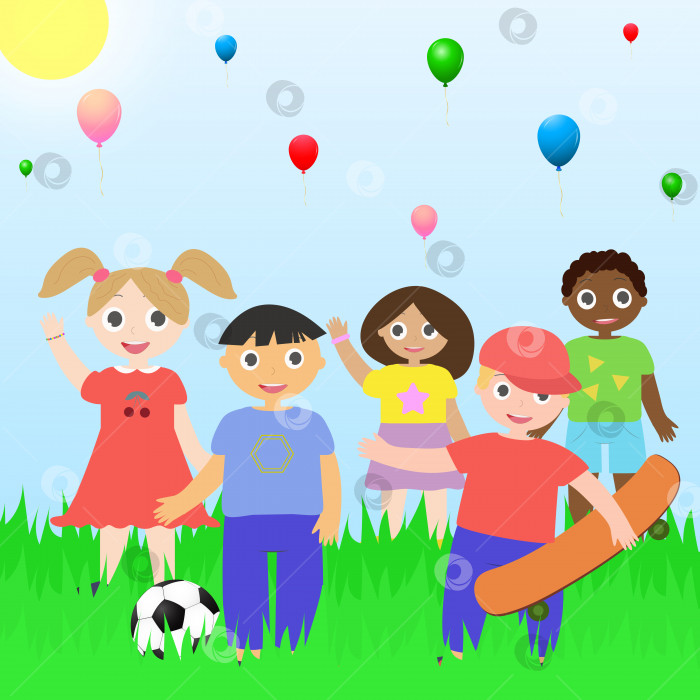Скачать Счастливые дети на зеленом лугу. Подходит для использования в качестве открытки, баннера, плаката и публикации в социальных сетях. Векторная иллюстрация. фотосток Ozero