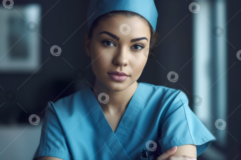 Скачать Привлекательная медсестра или врач в синей униформе. Иллюстрация генеративного искусственного интеллекта фотосток Ozero