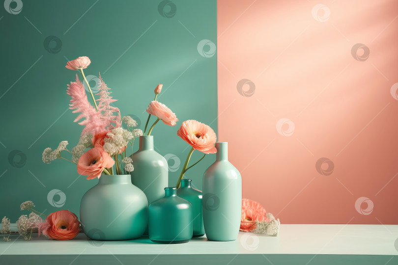 Скачать Минимальный макетный фон с пастельными цветами в вазах для рекламы и презентации. Иллюстрация генеративного искусственного интеллекта фотосток Ozero