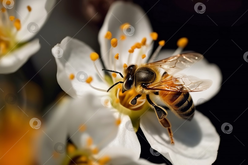 Скачать Пчела на белом цветке собирает пыльцу. Иллюстрация генеративного искусственного интеллекта фотосток Ozero