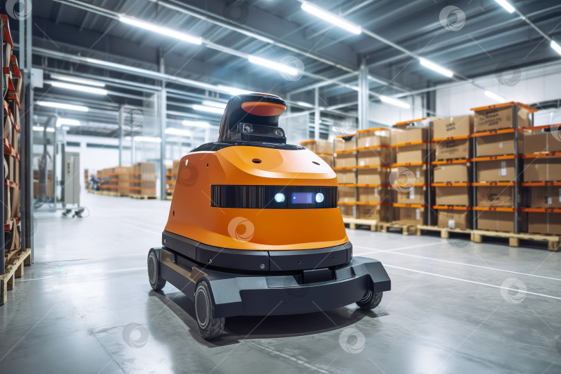 Скачать Автономная роботизированная доставка на склады. Концепция "умной индустрии". Иллюстрация генеративного искусственного интеллекта фотосток Ozero