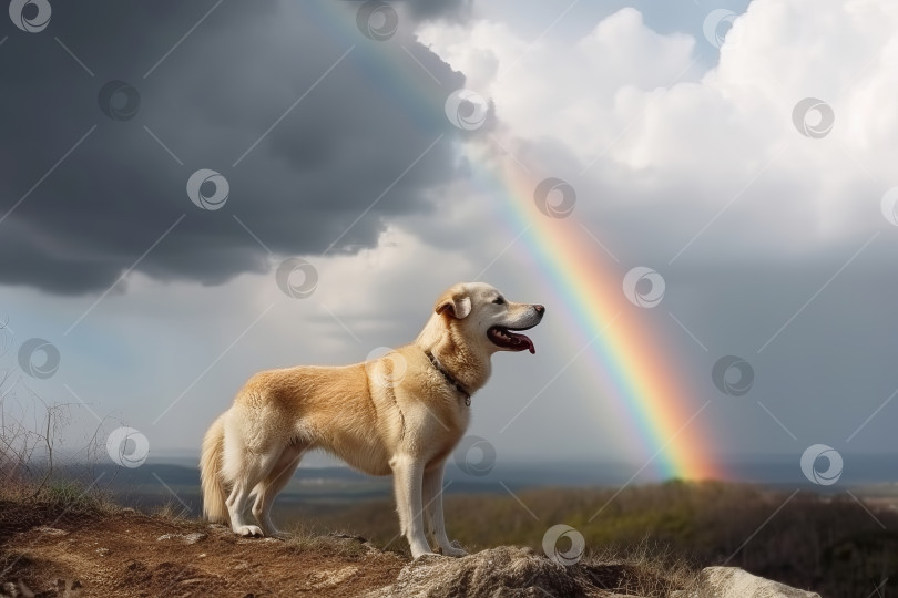 Скачать Милая домашняя собачка отправляется в радугу. Метафора ухода питомца в загробную жизнь. Иллюстрация генеративного искусственного интеллекта фотосток Ozero