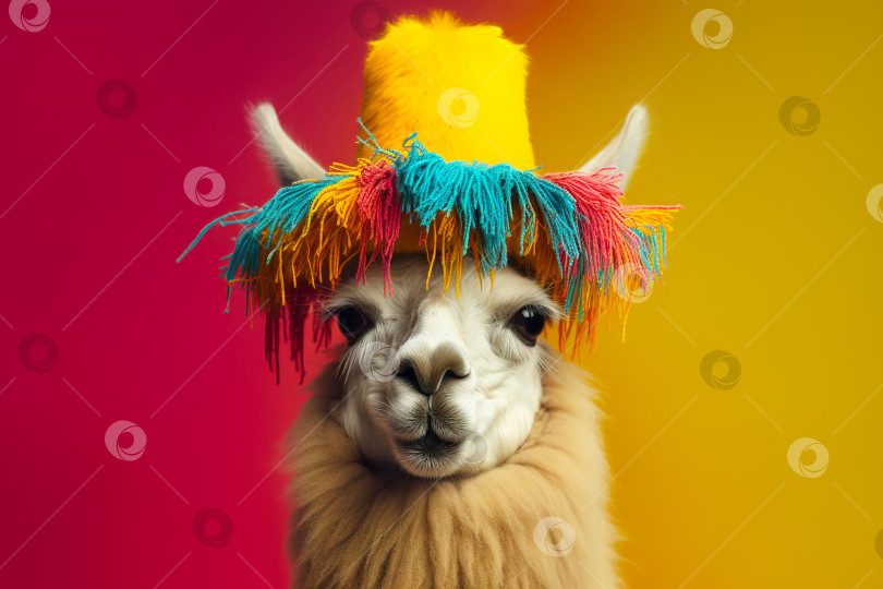 Скачать Лама в яркой традиционной шляпе на красно-желтом фоне. Порождающий искусственный интеллект фотосток Ozero