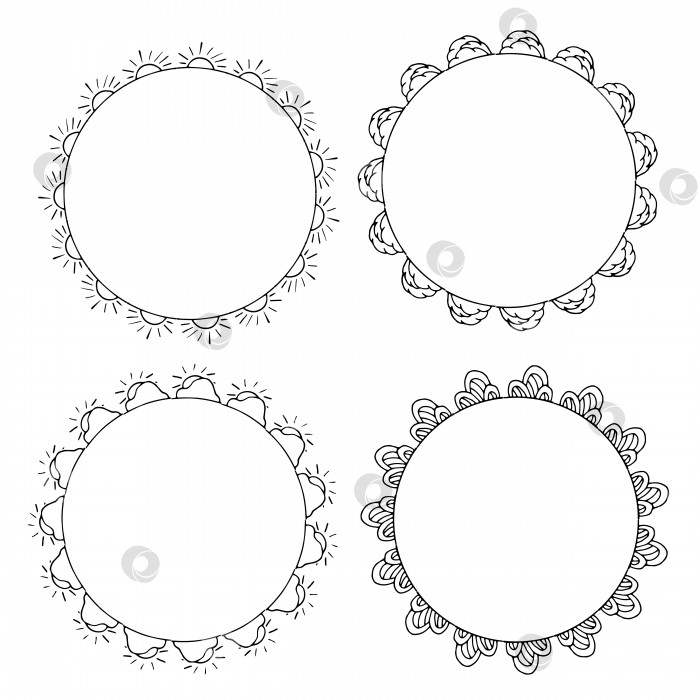 Скачать Четыре круглые черно-белые рамки с изображениями солнц, облаков и декоративных элементов. Изолированные венки на белом фоне для вашего дизайна фотосток Ozero