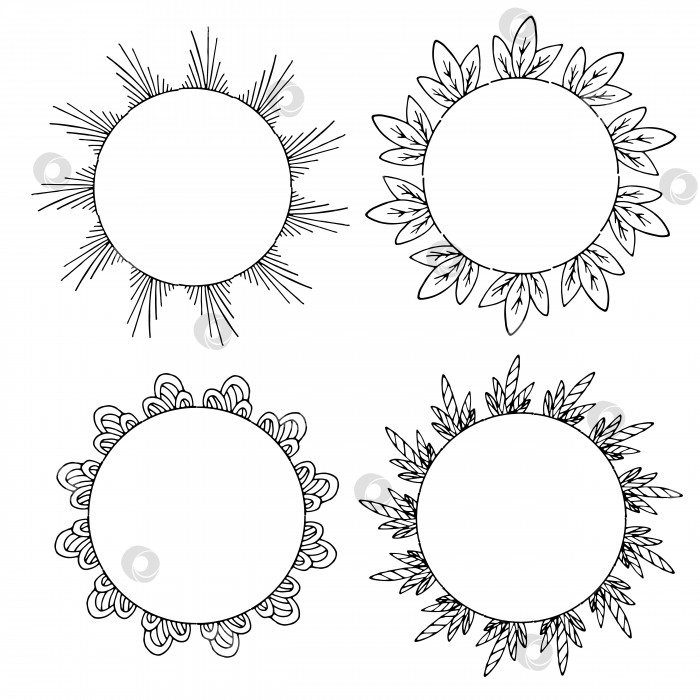 Скачать Четыре круглые рамки с черно-белыми декоративными элементами. Изолированные венки на белом фоне для вашего дизайна фотосток Ozero