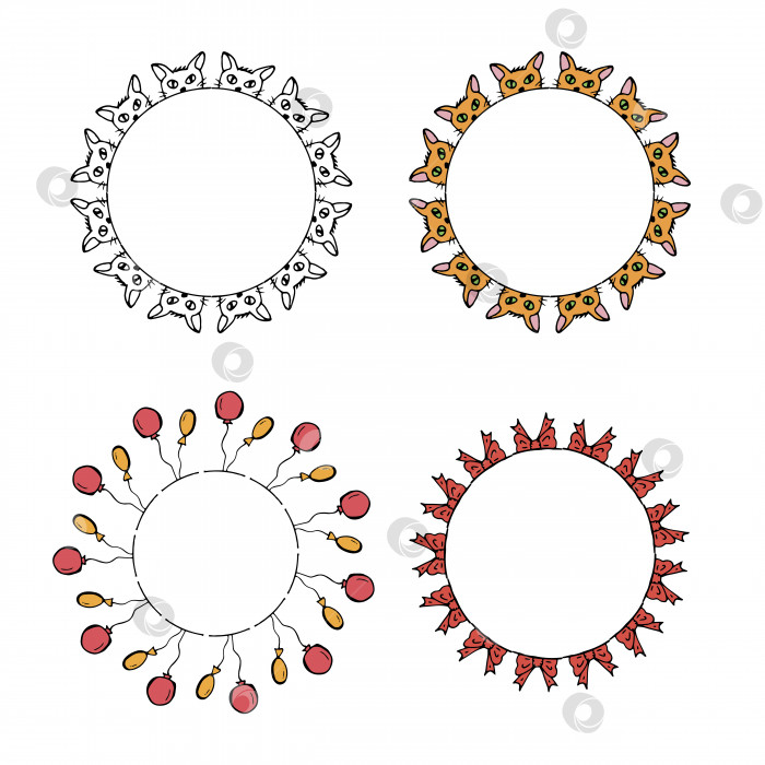 Скачать Четыре круглые рамки с кошками, воздушными шарами и бантами. Изолированные венки на белом фоне для вашего дизайна фотосток Ozero