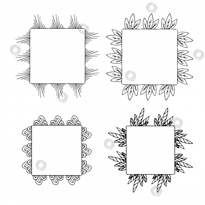 Скачать Четыре квадратные рамки с черно-белыми декоративными элементами. Изолированные рамки на белом фоне для вашего дизайна фотосток Ozero