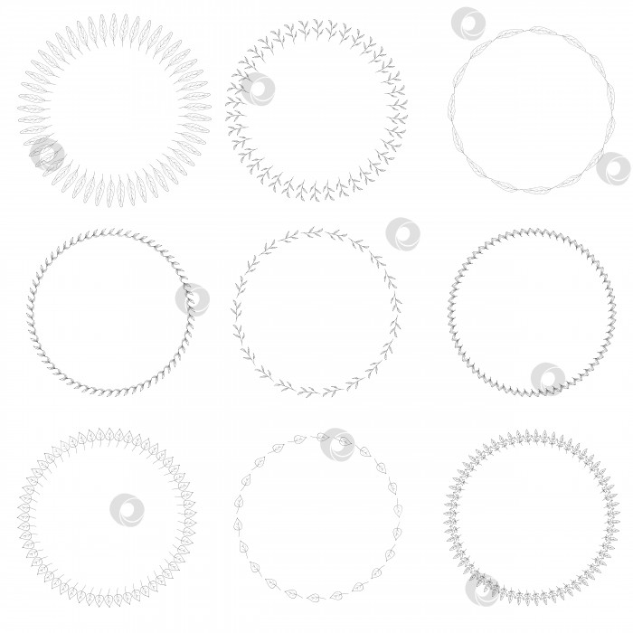 Скачать Девять круглых рамок с милыми декоративными веточками и листьями. Изолированные рамки на белом фоне для вашего дизайна. фотосток Ozero