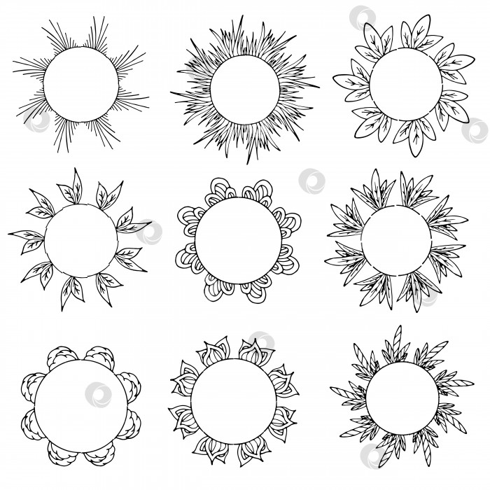 Скачать Девять круглых рам с декоративными элементами. Изолированные венки на белом фоне для вашего дизайна фотосток Ozero