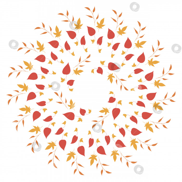 Скачать Круглая рамка с разными оранжевыми ветвями, желтыми и красными листьями на белом фоне. Изолированный венок для вашего дизайна. фотосток Ozero