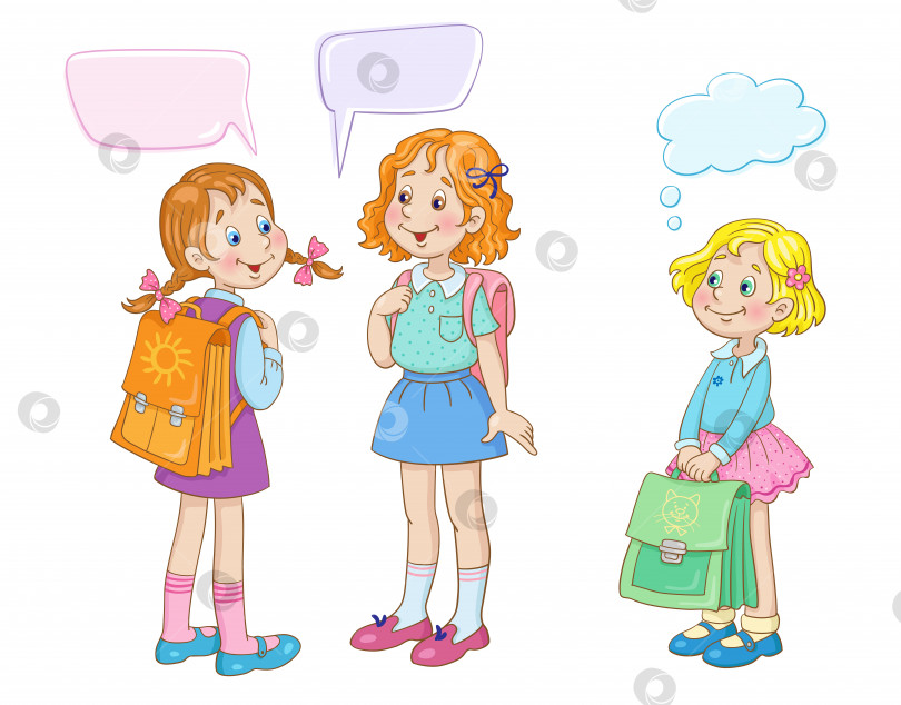 Скачать Три симпатичные подружки с большими школьными сумками стоят и разговаривают. Картинка в мультяшном стиле с речевыми пузырями. фотосток Ozero